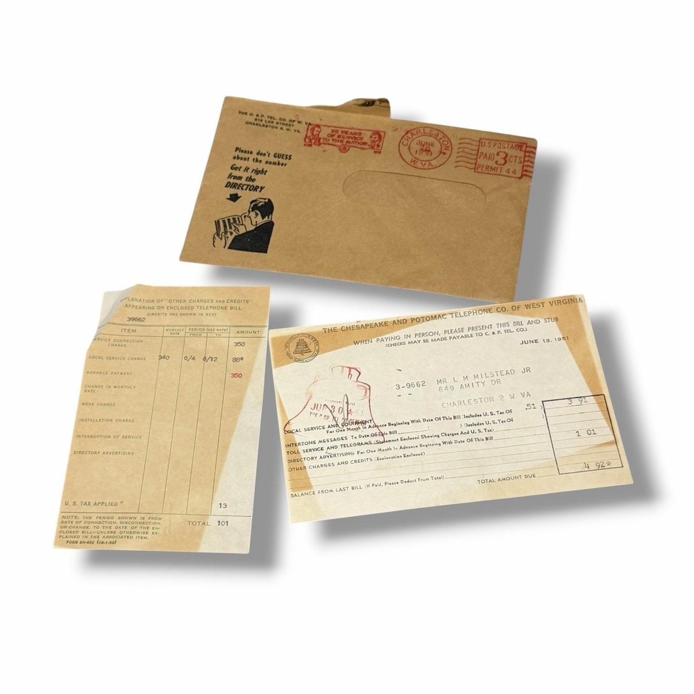 Chesapeake & Potomac Telephone Bill and Envelope 1951 Charleston WV GBX